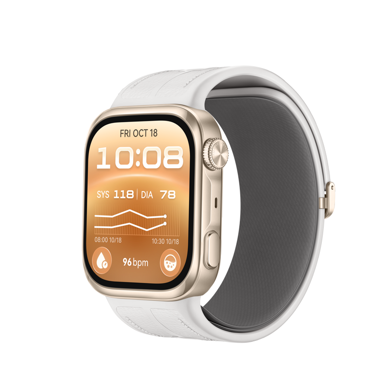 Eine goldfarbene Smartwatch mit weißem Armband zeigt auf dem Display Zeit und Vitalwerte auf orangefarbenem Grund.