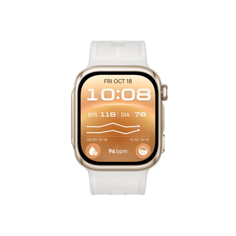 Eine goldene Smartwatch mit weißem Armband zeigt auf dem orangefarbenen Display Uhrzeit und Vitalwerte.