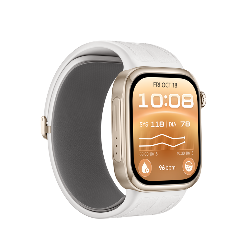 Eine goldene Smartwatch mit weißem Armband zeigt die Uhrzeit und Gesundheitsdaten auf dem Display.