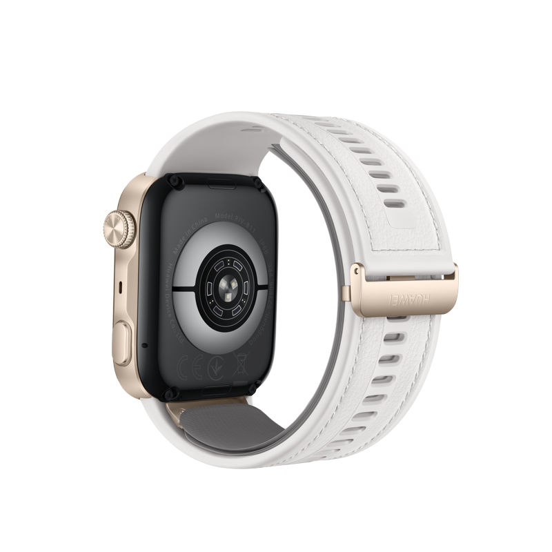 Rückseite einer goldenen Smartwatch mit weißem Armband auf schwarzem Grund.