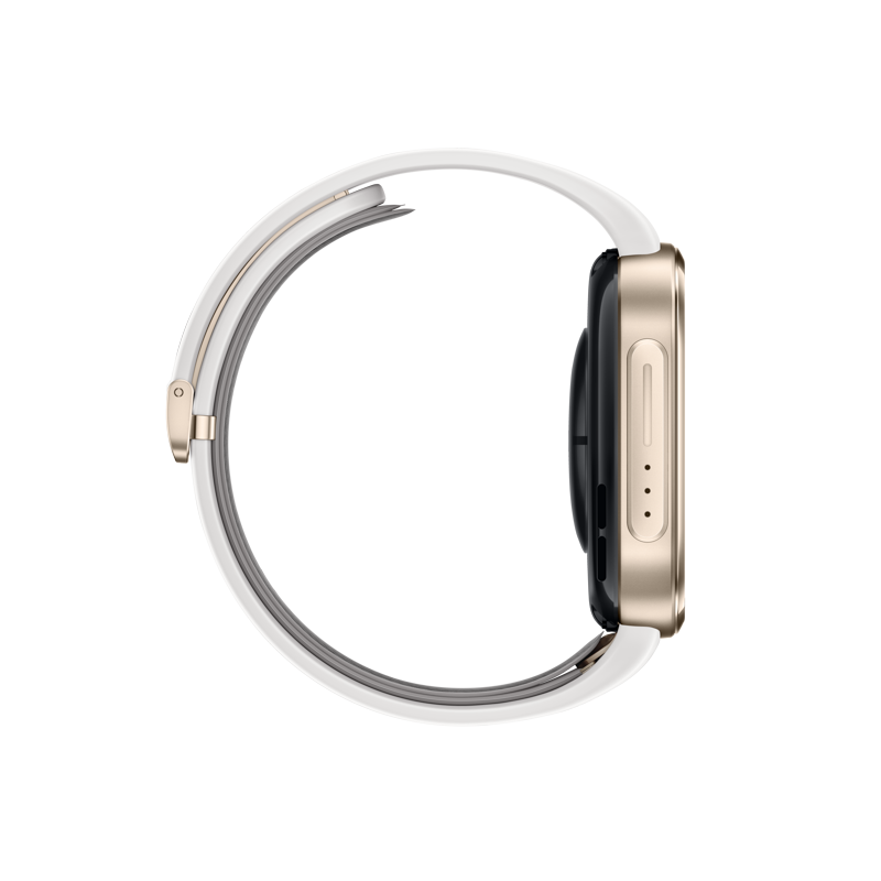 Seitenansicht einer goldenen Smartwatch mit weißem Armband vor schwarzem Hintergrund.