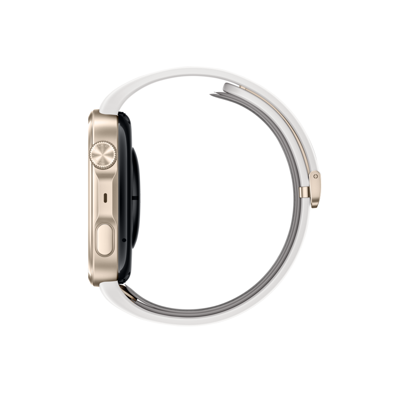 Seitenansicht einer goldenen Smartwatch mit weißem Armband vor schwarzem Hintergrund.