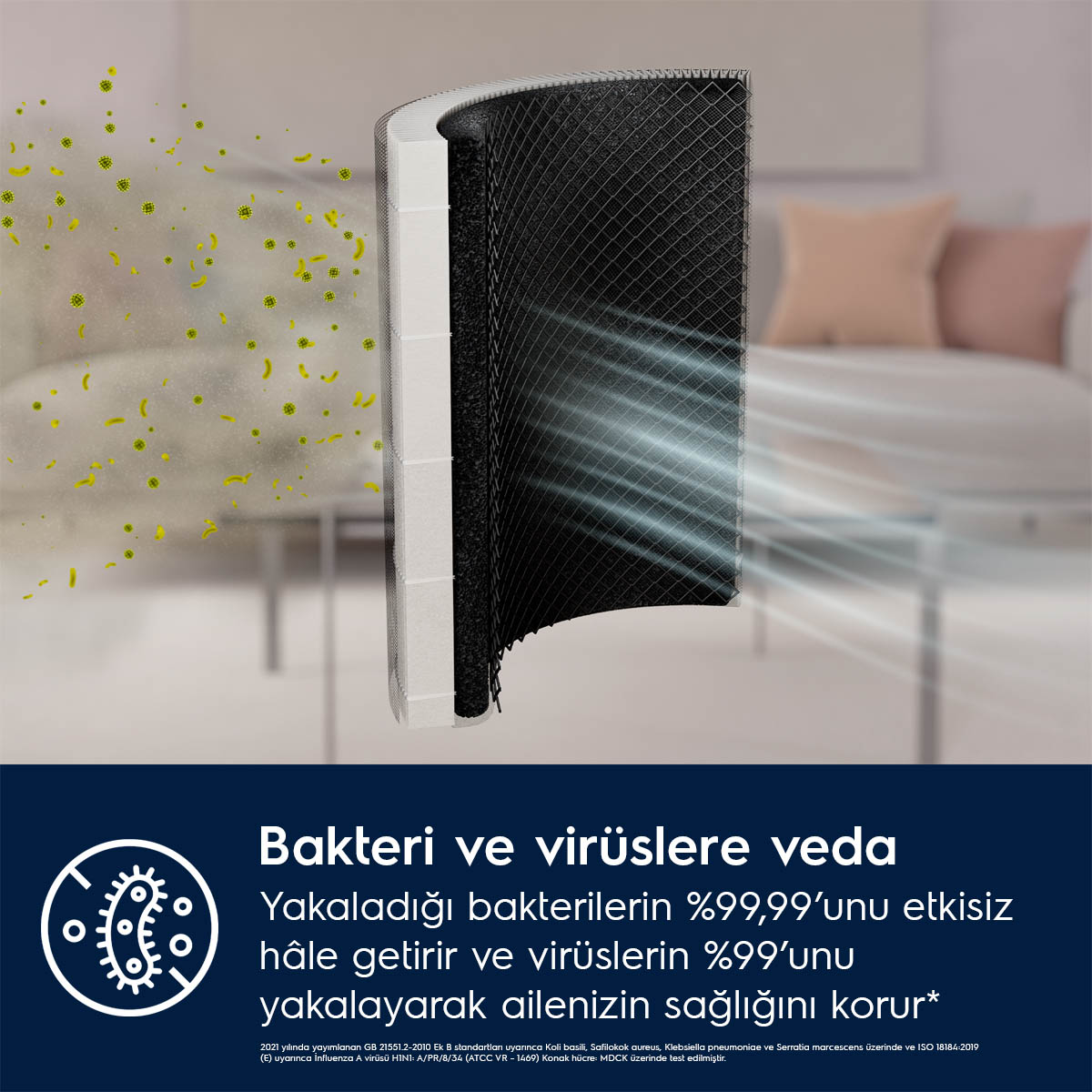 Bulanık bir arka plan önünde sarı bakteri ve virüsleri filtreleyen bir hava temizleyici filtresi.