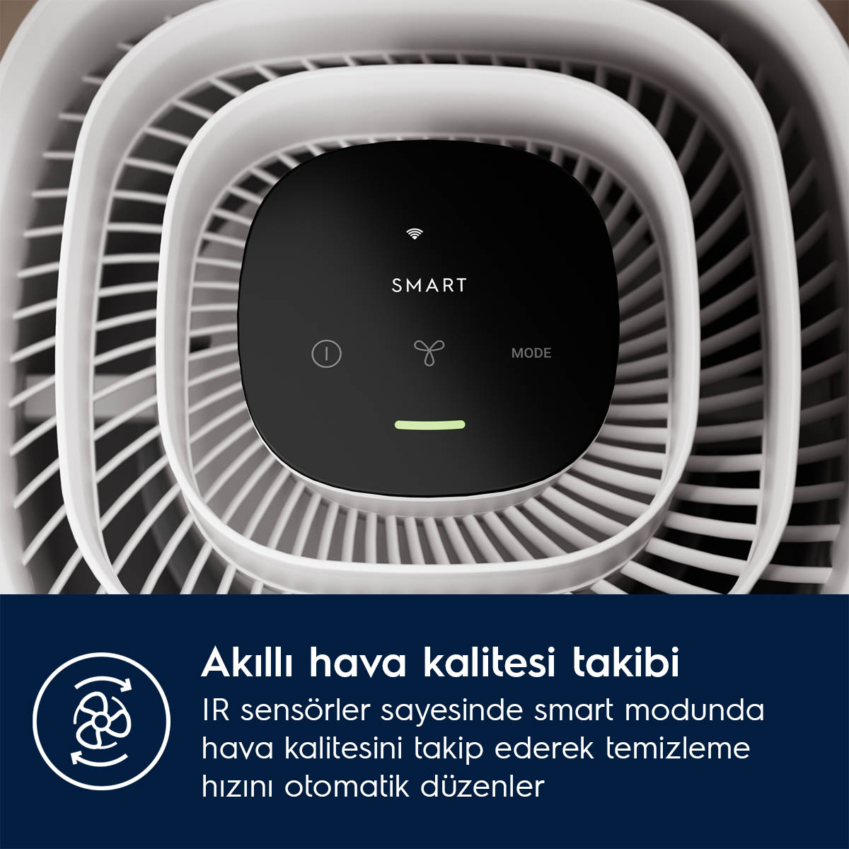 Dijital akıllı ekranlı ve dairesel beyaz panjurlu hava temizleyici.