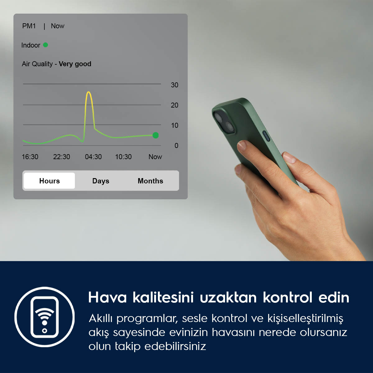 Bir elinde çok iyi hava kalitesi verilerini gösteren yeşil akıllı telefon var.
