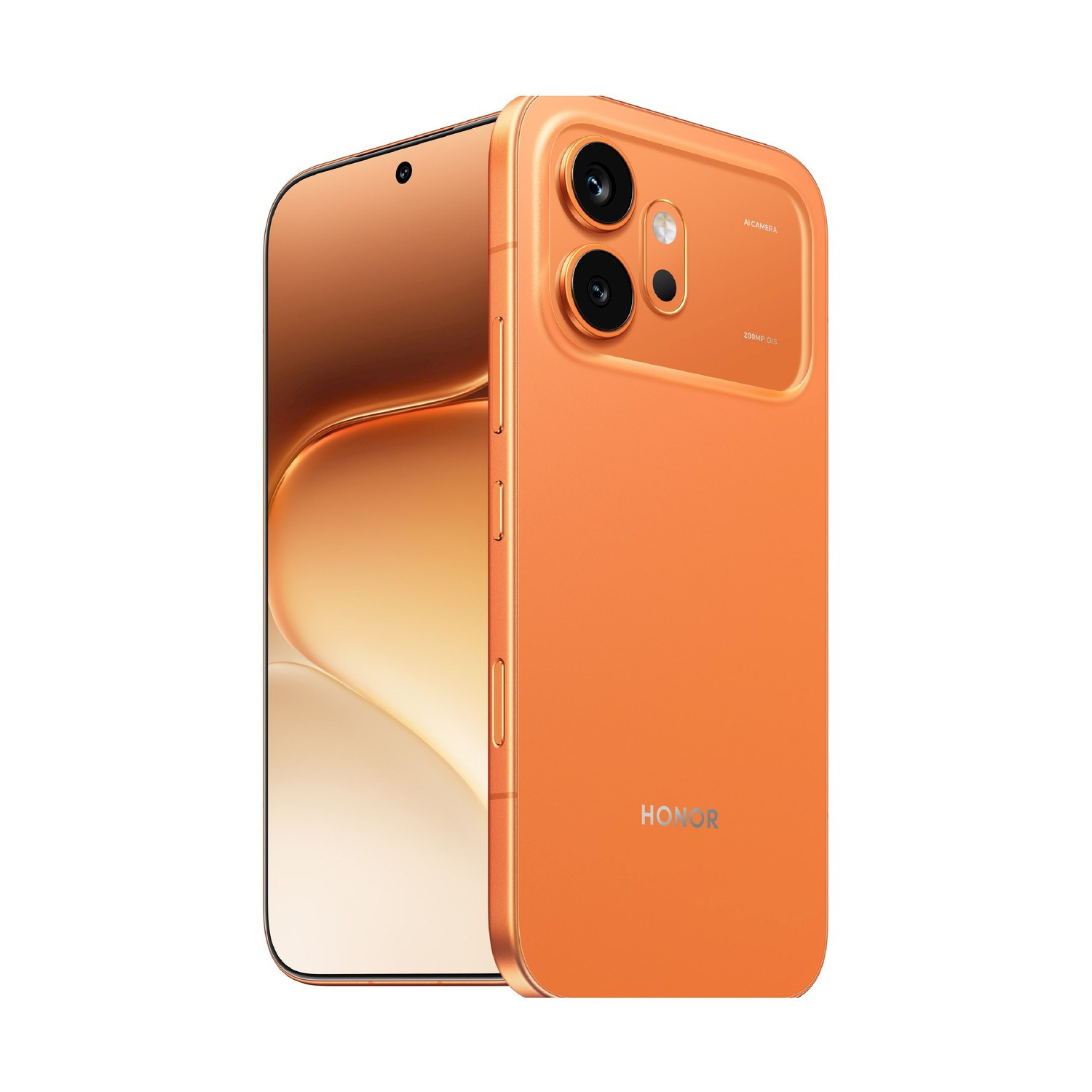 Uno smartphone Honor arancione con doppia fotocamera, vista frontale e posteriore.