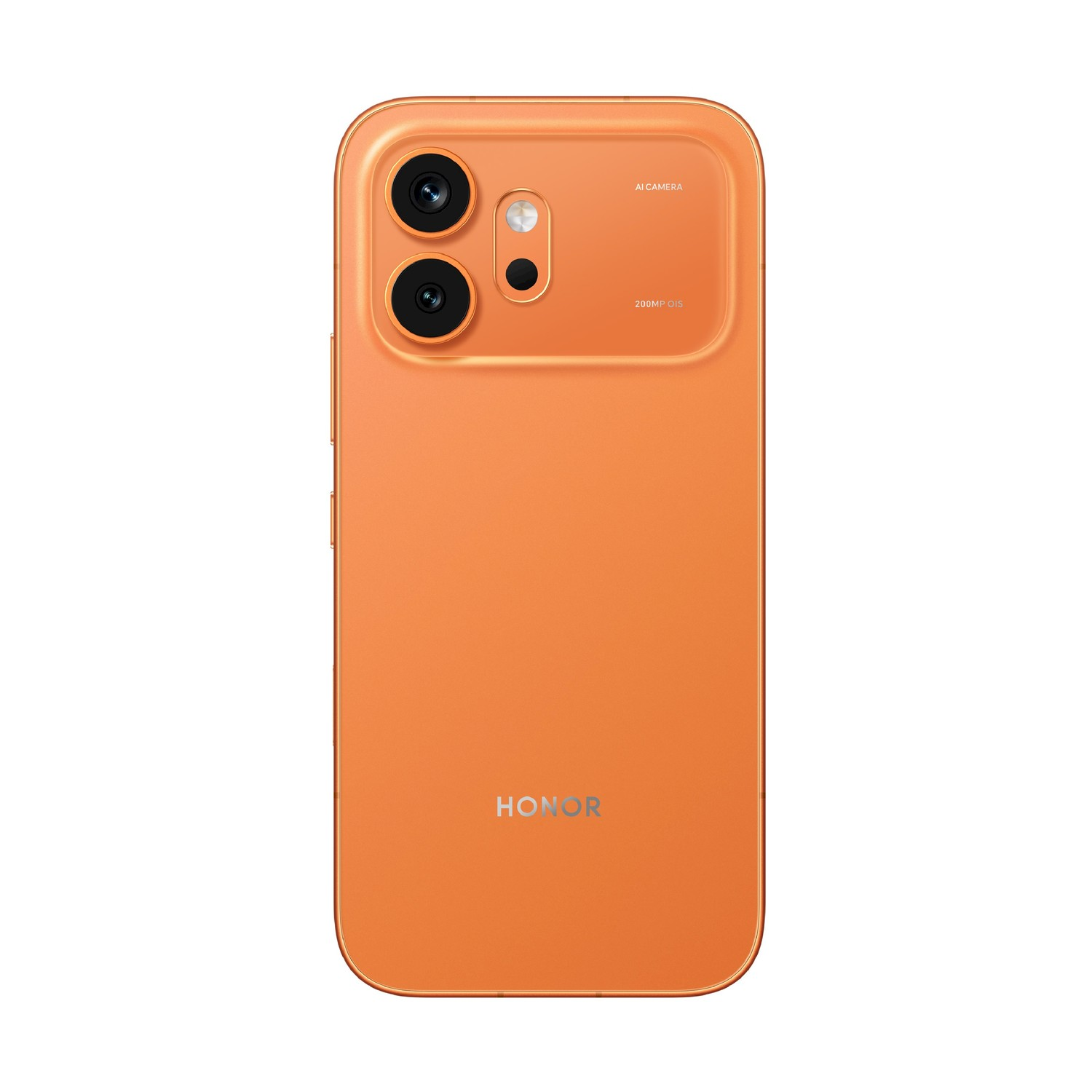 Retro di uno smartphone Honor arancione con due fotocamere verticali in alto a sinistra e il logo.