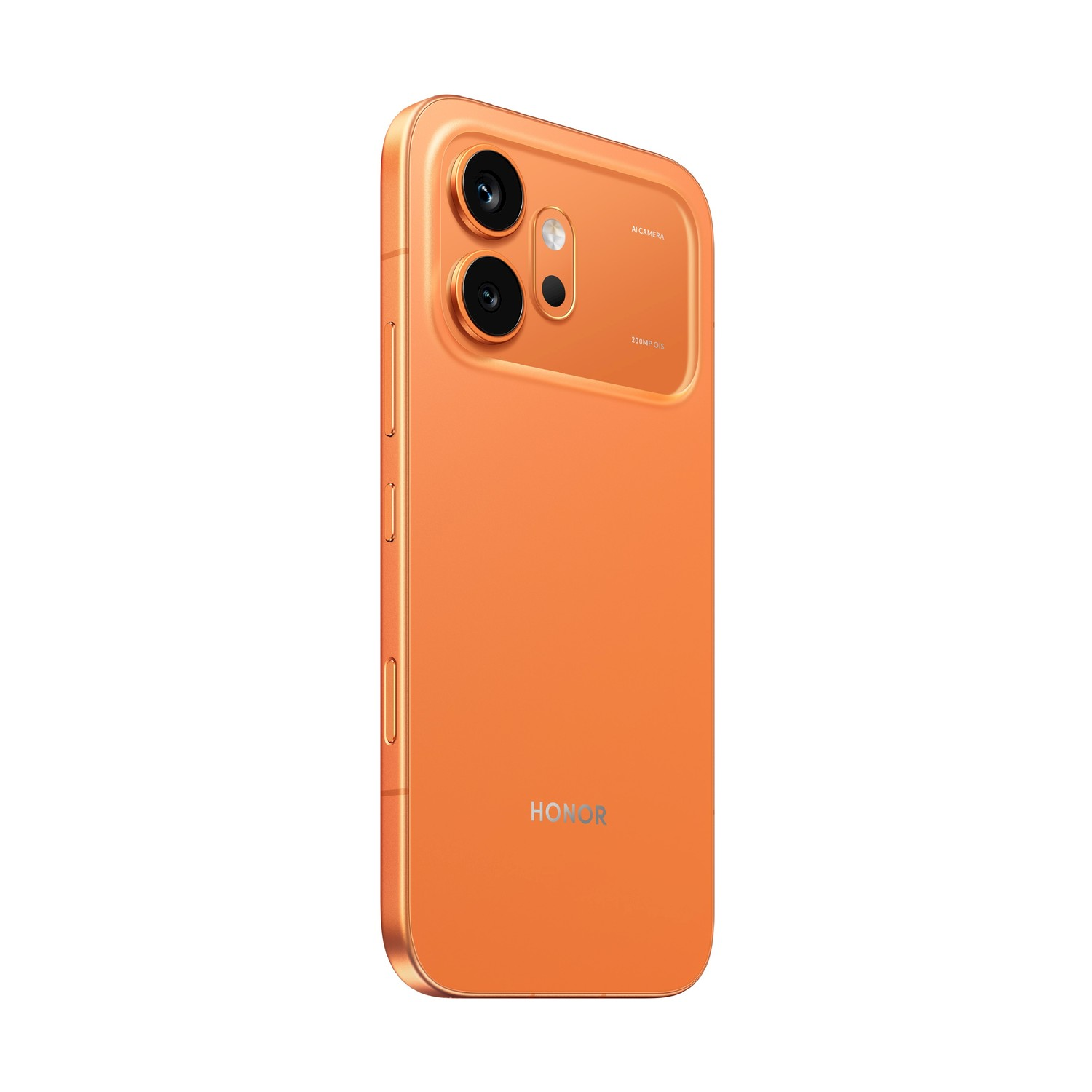Retro di uno smartphone Honor arancione con doppia fotocamera e logo.