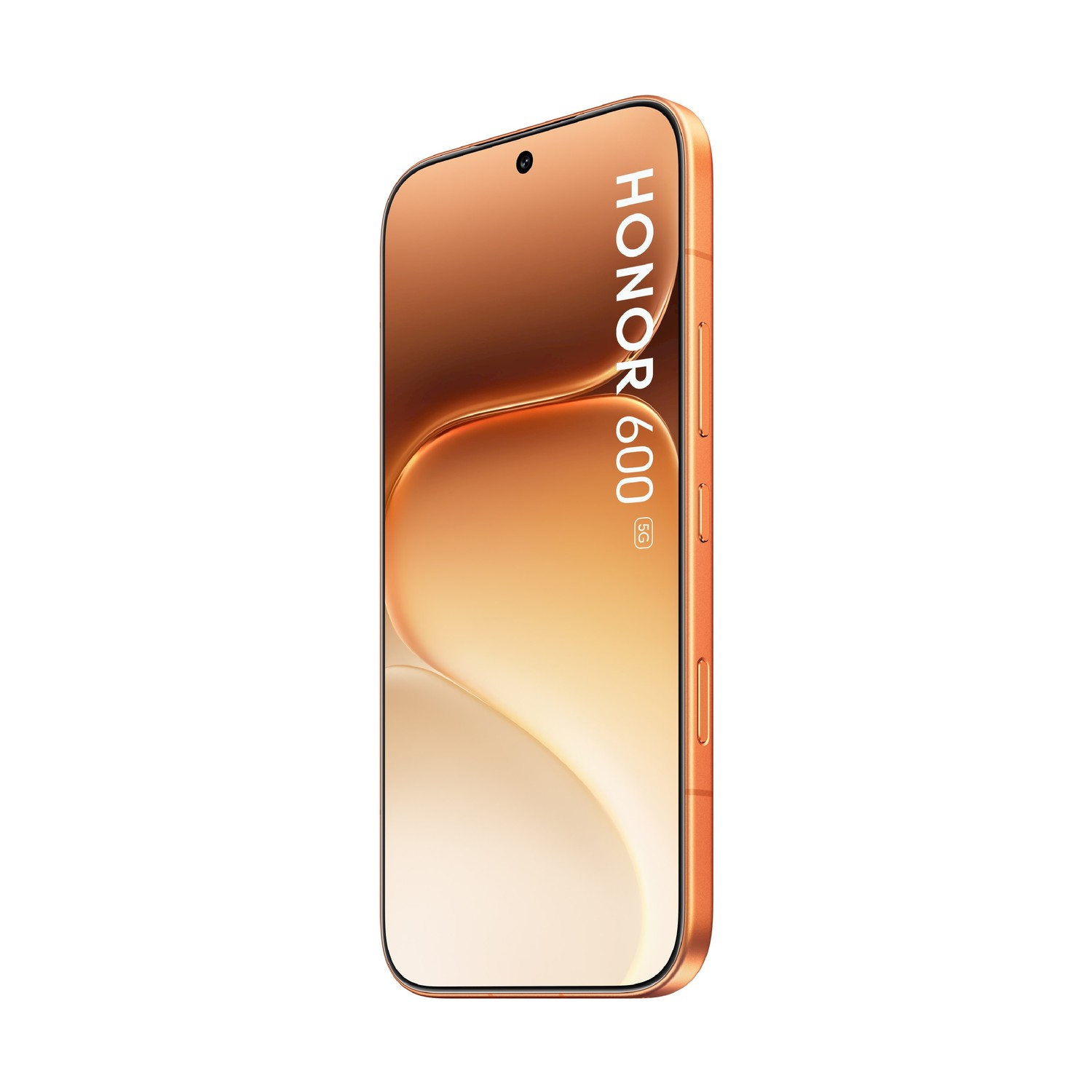 Uno smartphone Honor 600 5G arancione su sfondo bianco, vista frontale con schermo curvo.