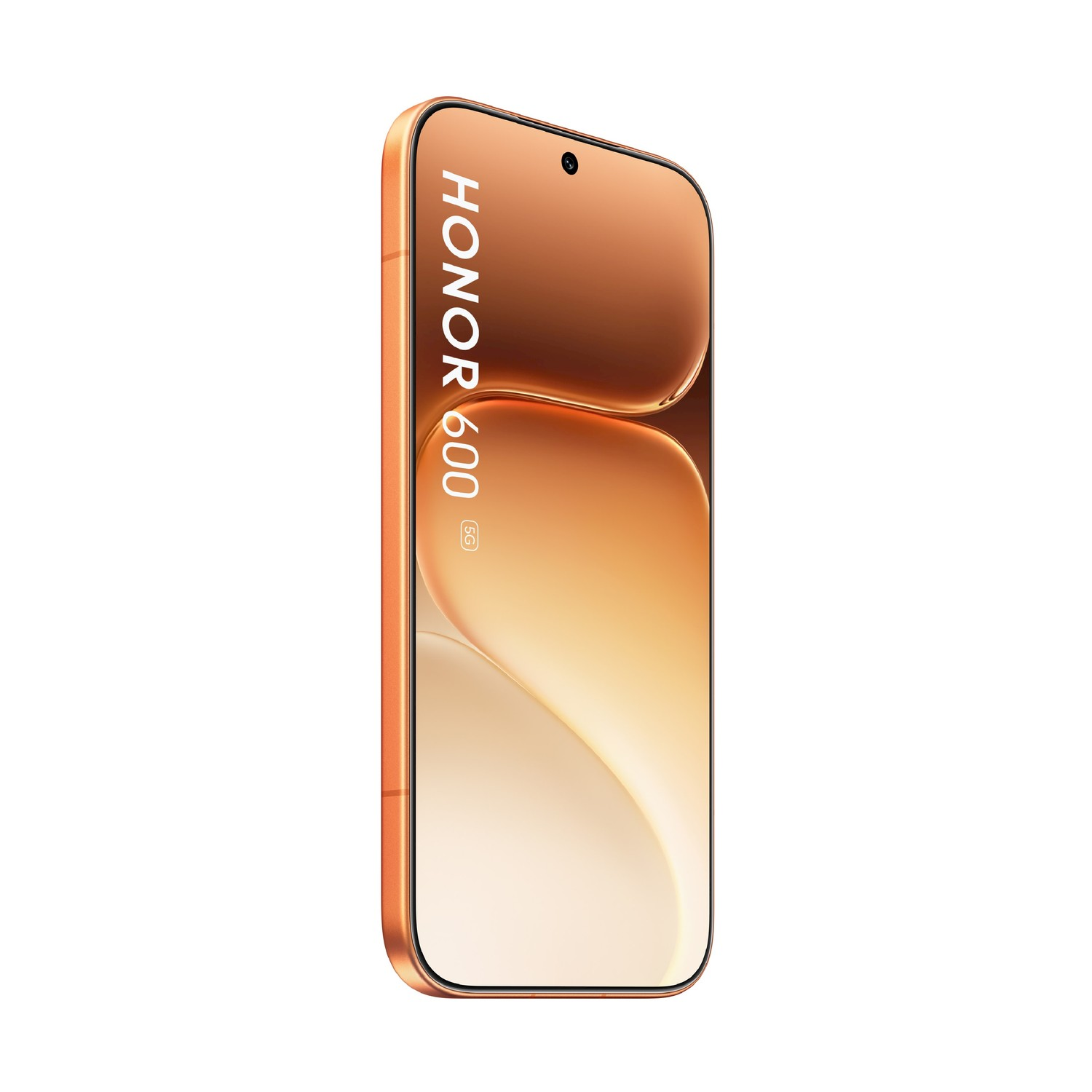 Primo piano di uno smartphone Honor 600 5G arancione con display curvo su sfondo bianco.