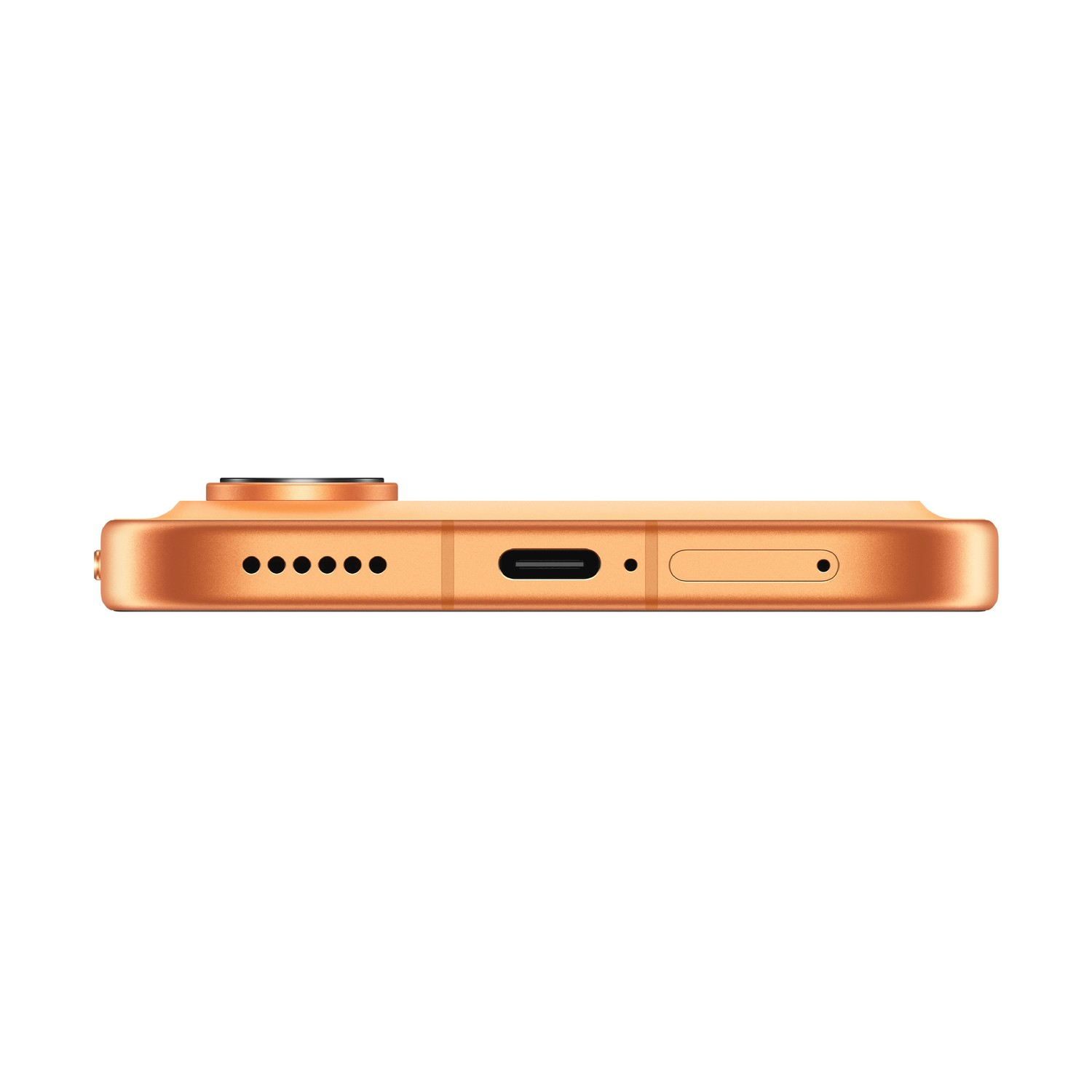 Vista inferiore di uno smartphone oro rosa con griglia altoparlante, porta USB-C e carrellino SIM.