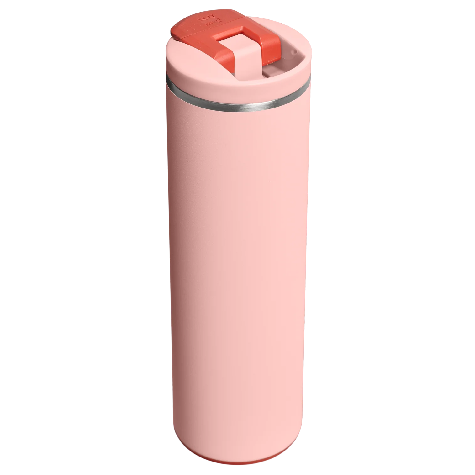 Siyah arka plan üzerinde kırmızı kapaklı açık pembe bir termos.