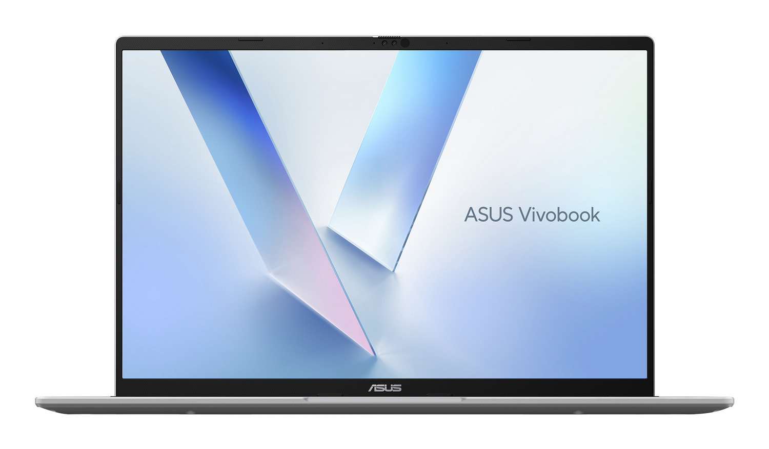 Vista frontal de una computadora portátil ASUS Vivobook plateada con un fondo abstracto azul claro y blanco.