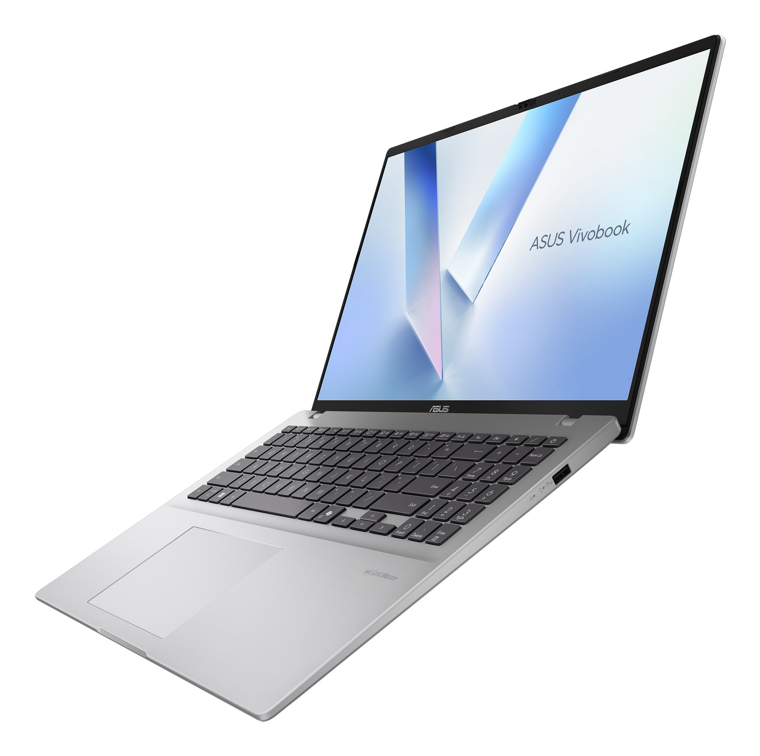 Un portátil plateado ASUS Vivobook visto desde un ángulo frontal, con la pantalla abierta y el teclado visible.