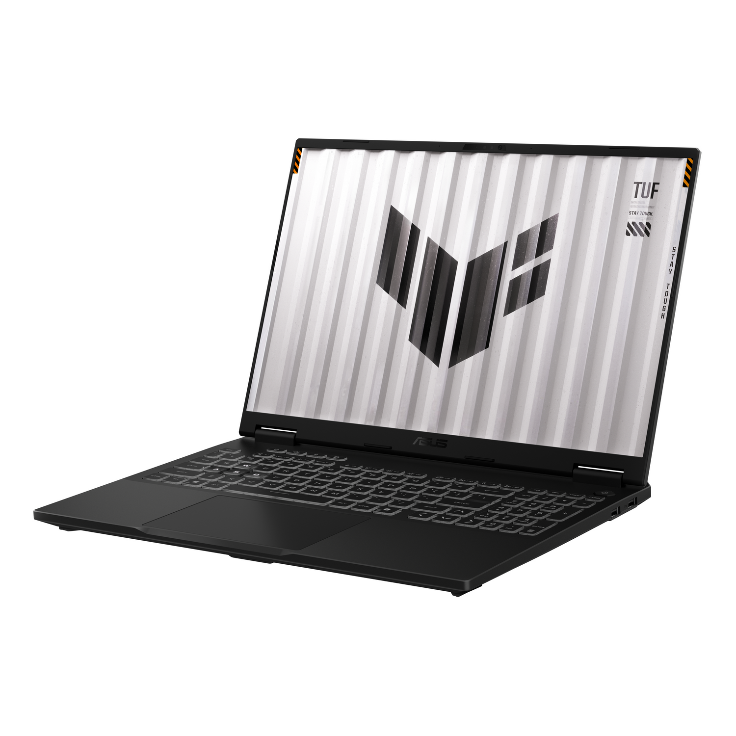 Portátil negro Asus TUF abierto con un logotipo distintivo en la pantalla.