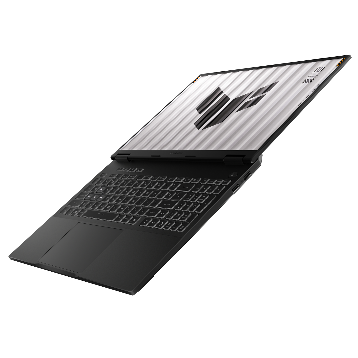 Un portátil gaming Asus TUF negro sobre fondo blanco, la pantalla muestra un diseño gráfico.