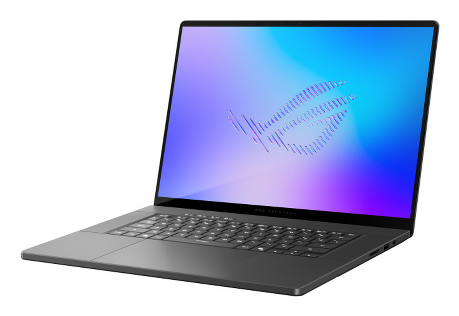 Un ordenador portátil negro abierto con pantalla azul y morada y logotipo ROG Zephyrus sobre fondo blanco.