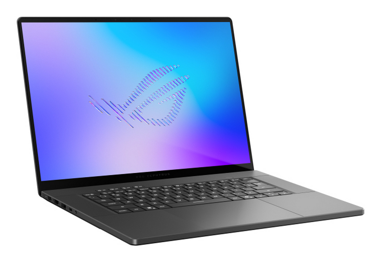 Un ordenador portátil gris con la pantalla abierta muestra un fondo de pantalla ROG azul y morado sobre fondo blanco.