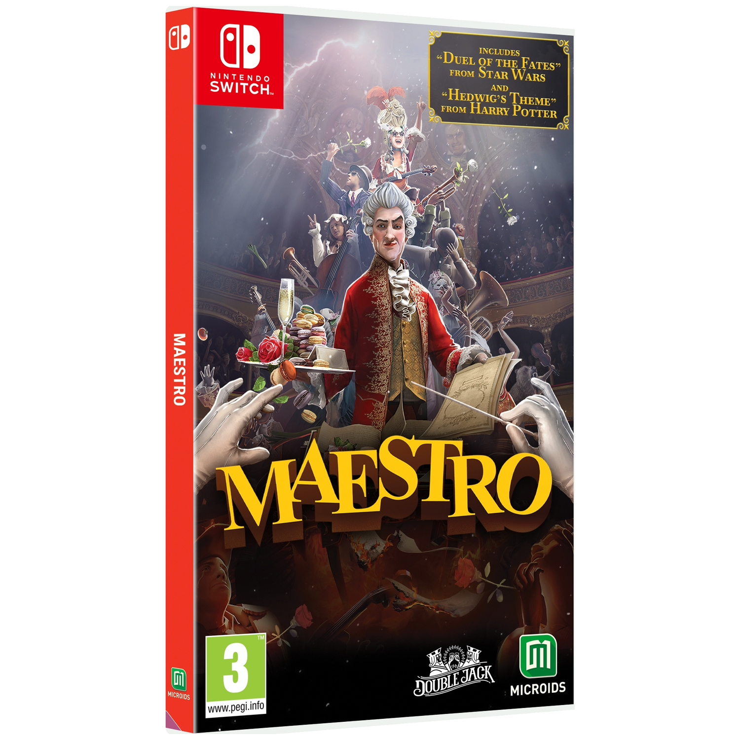 Nintendo Switch game cover for Maestro, featuring a conductor in a red coat holding a baton and music sheets.