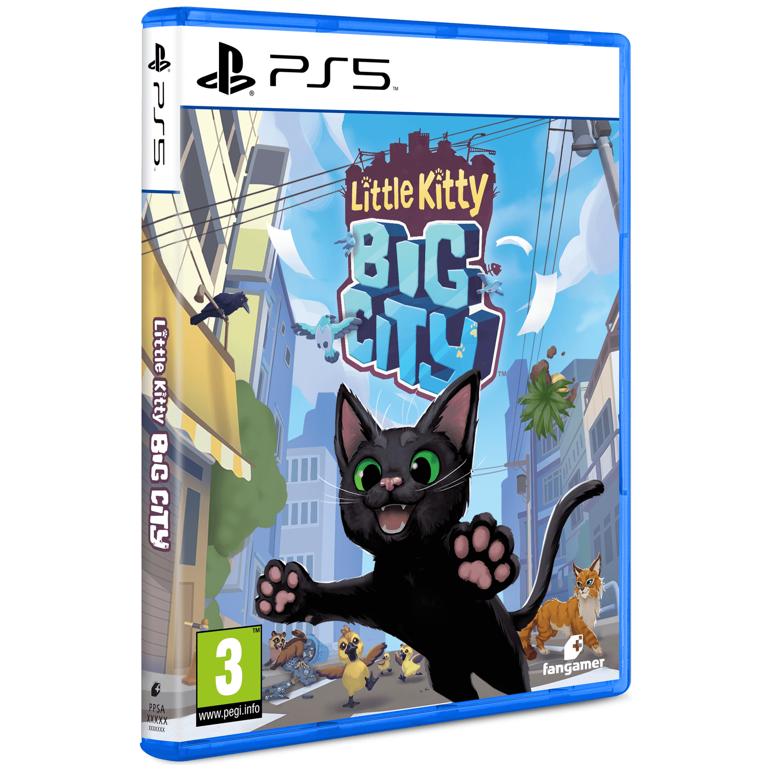 Boîtier de jeu PS5 Little Kitty, Big City avec un chat noir au premier plan et un fond de ville.