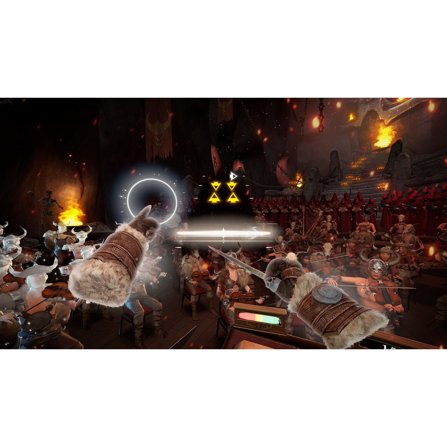 A conductor wearing fur bracers directs a large orchestra in a dark cave filled with musicians.