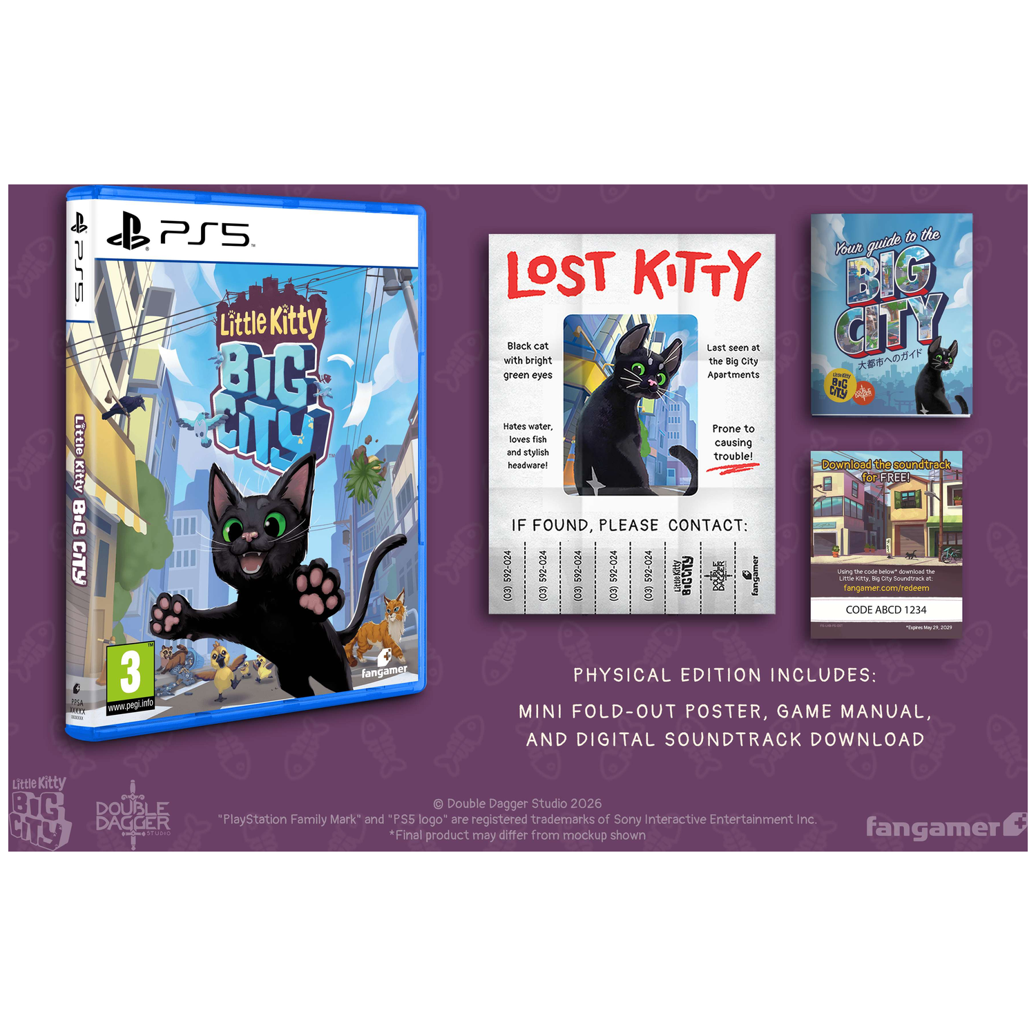 Édition physique PS5 Little Kitty, Big City avec boîtier, mini poster, manuel et téléchargement de musique.
