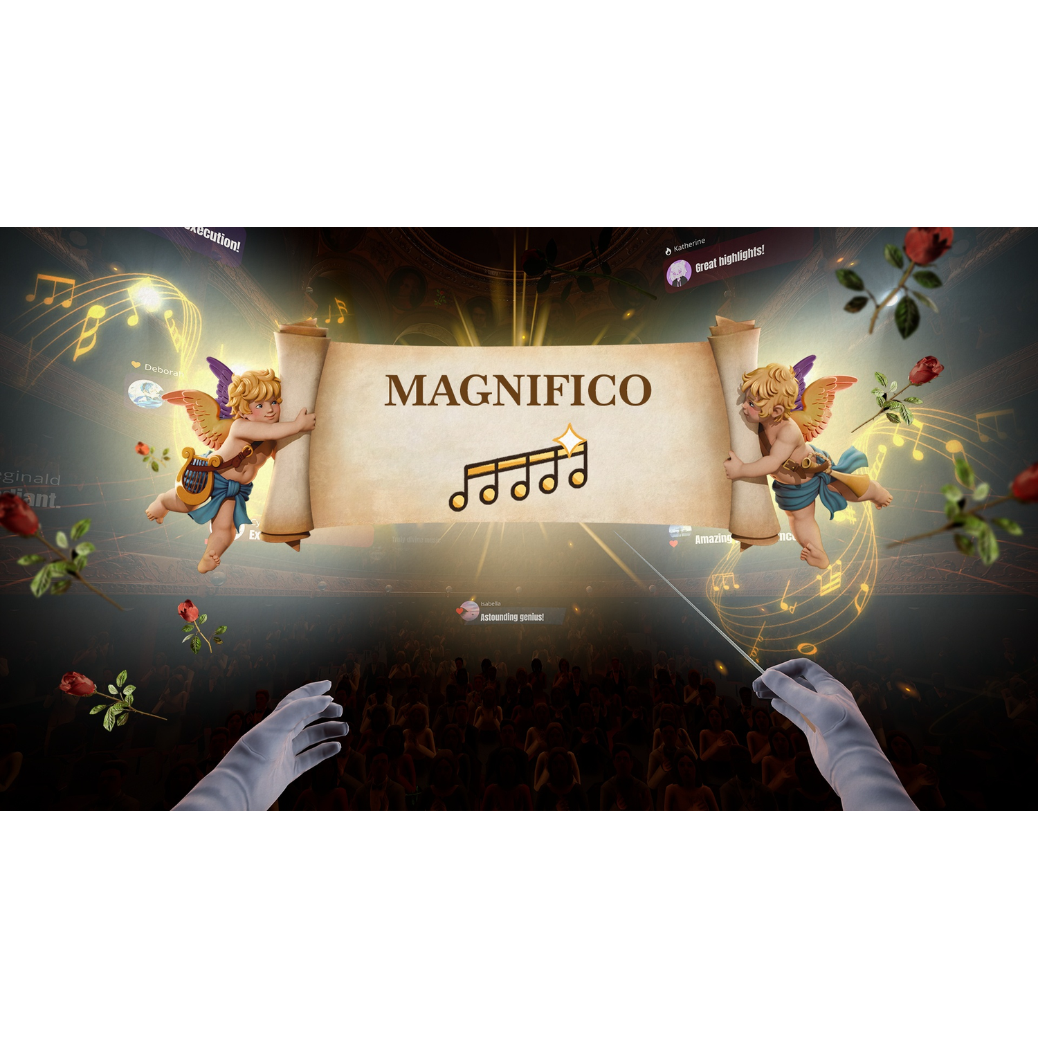 An orchestral view with two cherubs holding a scroll that reads Magnifico, floating above a crowd.