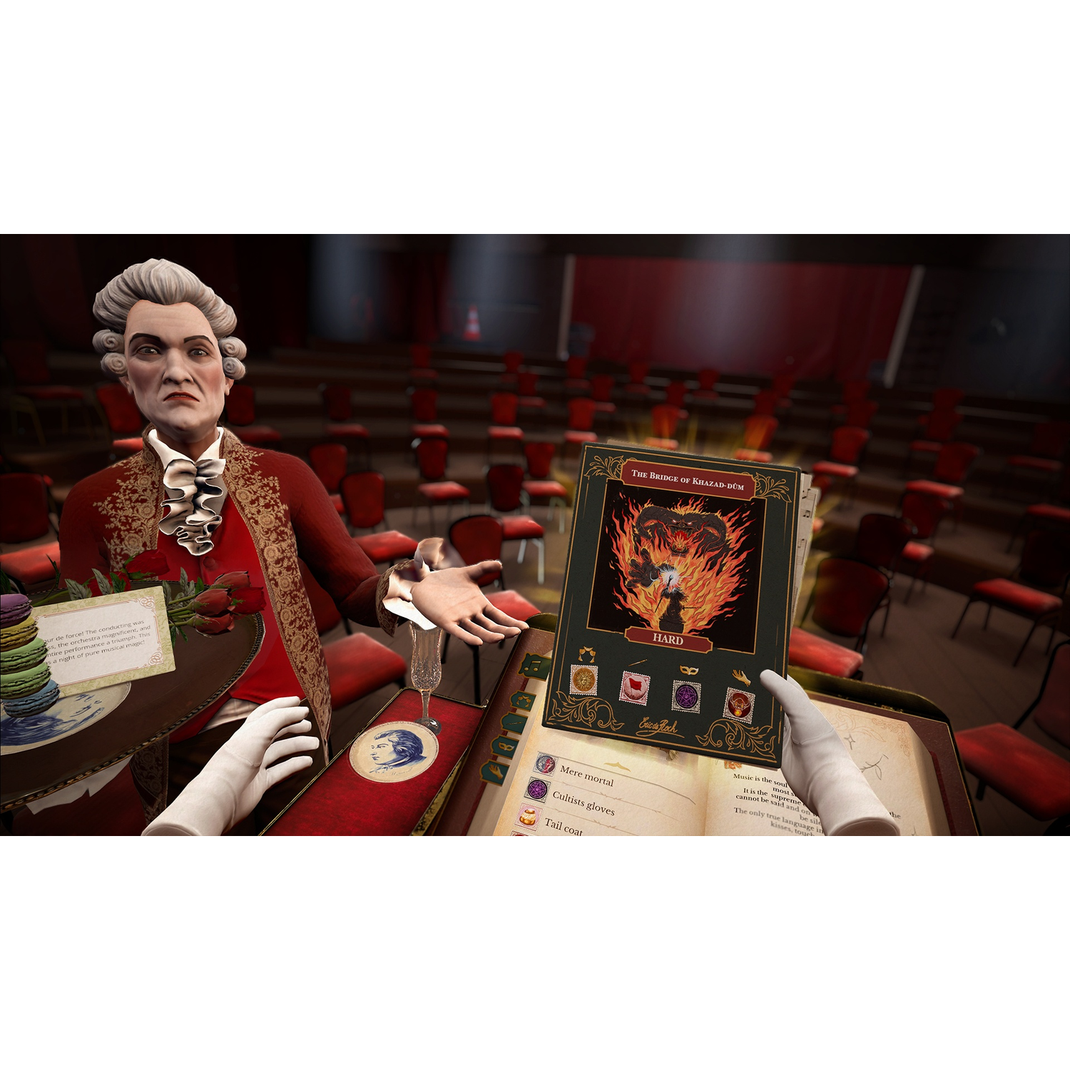 A conductor in historical attire holds a book before an empty concert hall with red chairs.