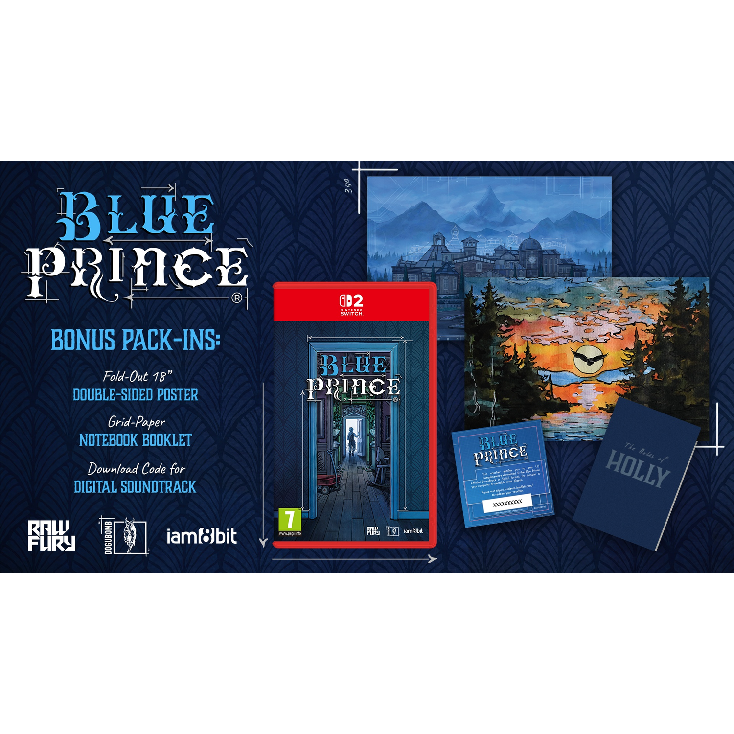 Blue Prince video game physical bundle featuring a Nintendo Switch case, posters, notebook, and soundtrack code.