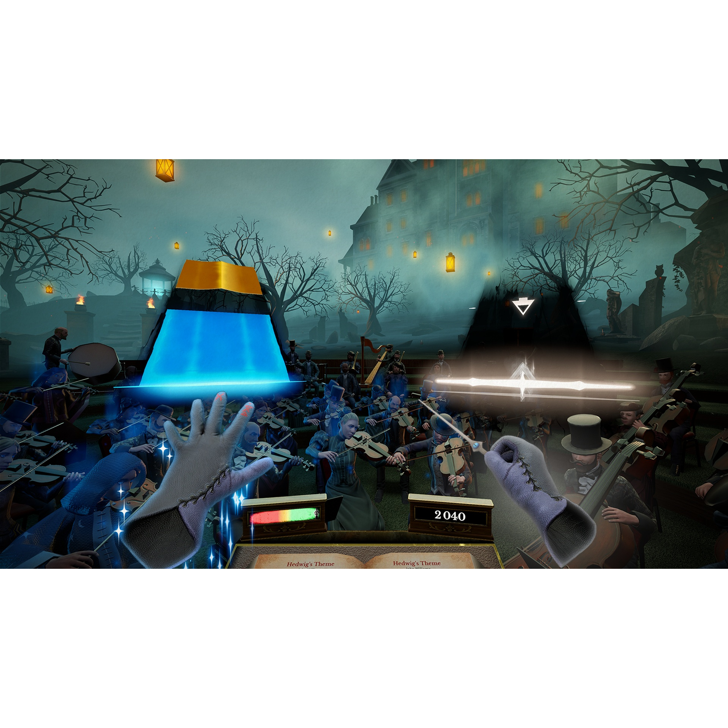 Virtual reality conductor controls a violin orchestra in a dark, magical setting.