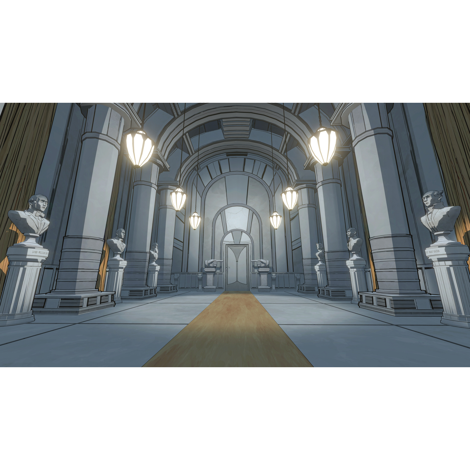 A grand, lit hallway with gray pillars, busts on pedestals, and hanging lamps.
