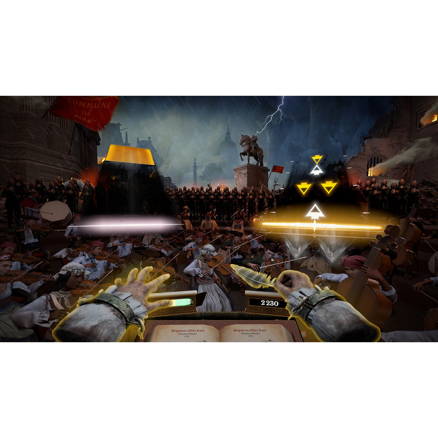 First-person view of a conductor before an orchestra, with a music score and glowing icons in the game.