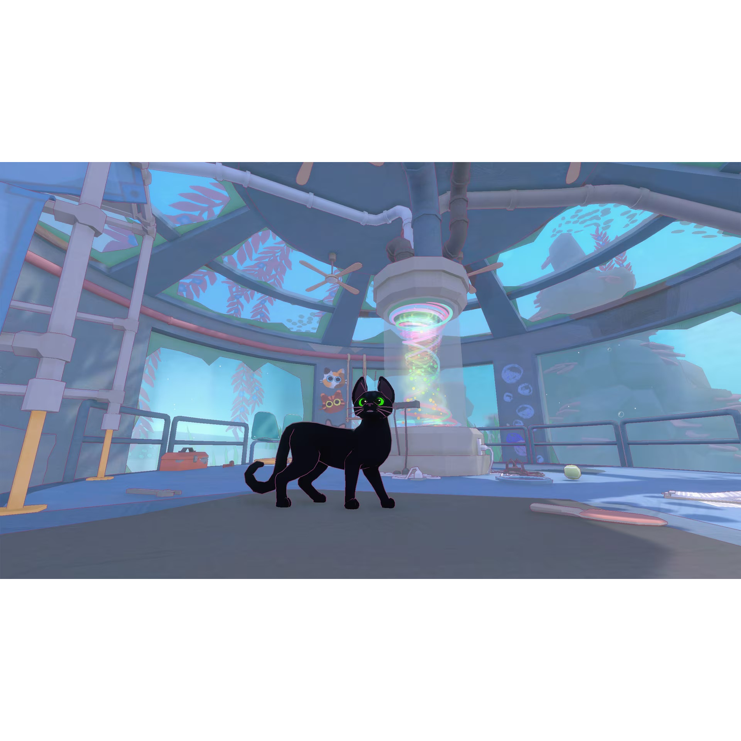 Un chat noir aux yeux verts se tient dans un dôme sous-marin futuriste avec un cylindre lumineux coloré.