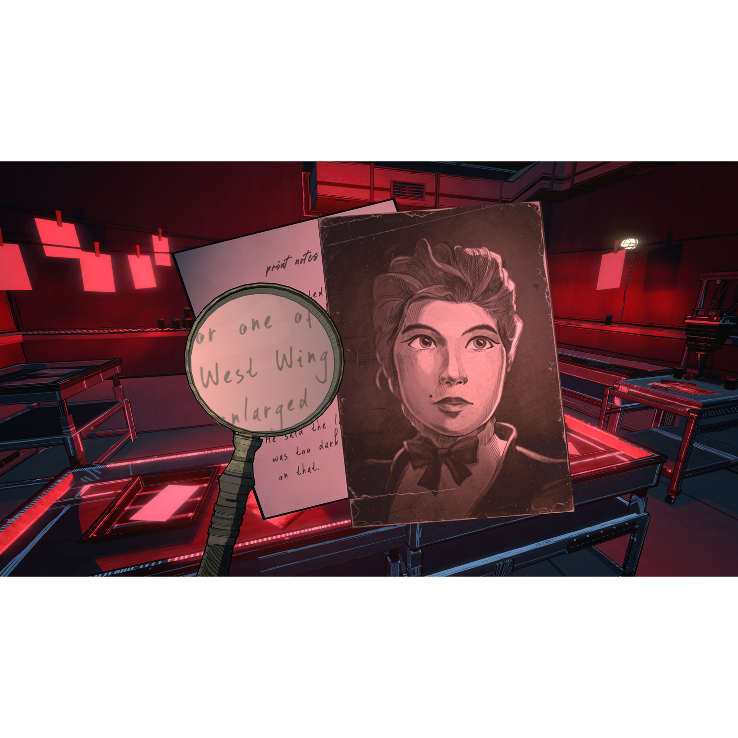 A magnifying glass enlarges text on paper beside a portrait in a red room.