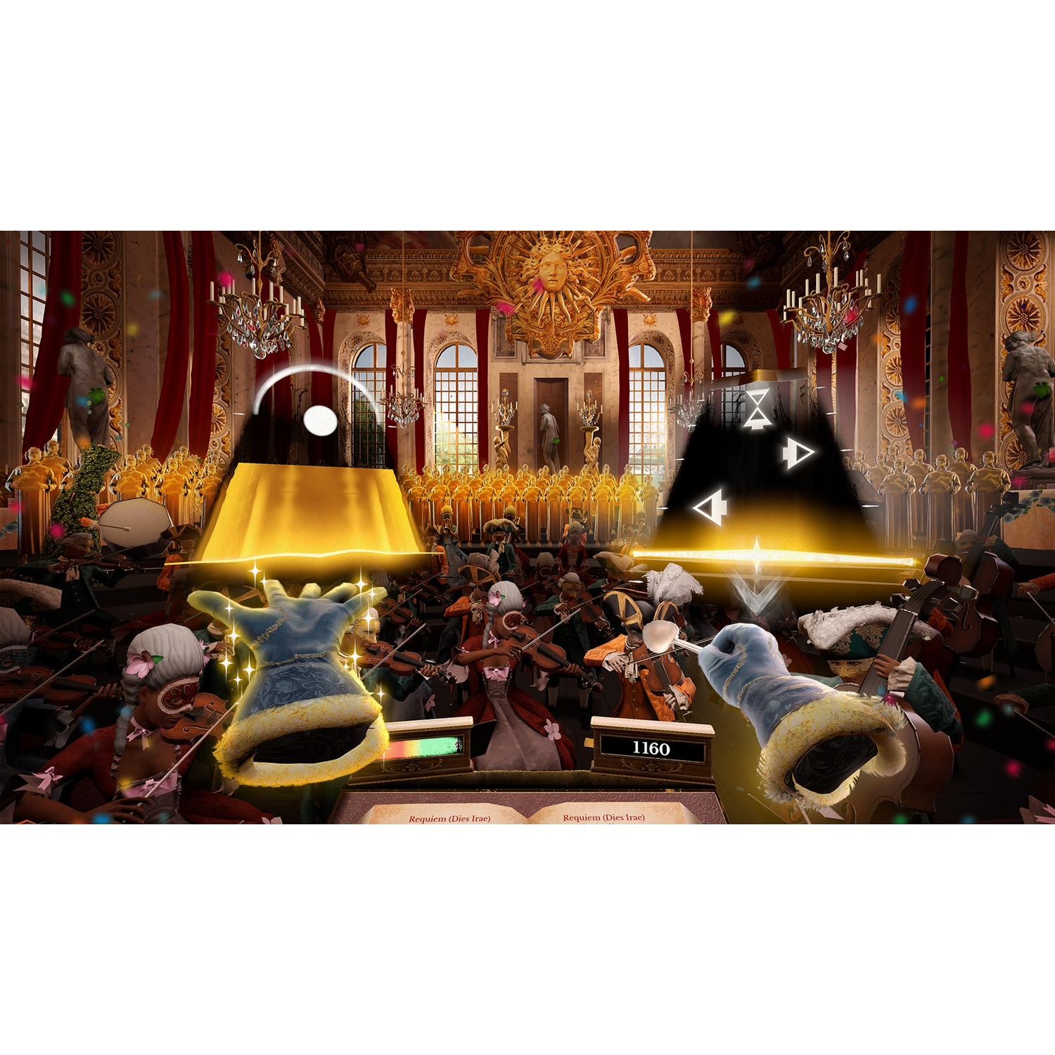 Virtual hands hold glowing golden instruments inside a grand, ornate concert hall filled with musicians.