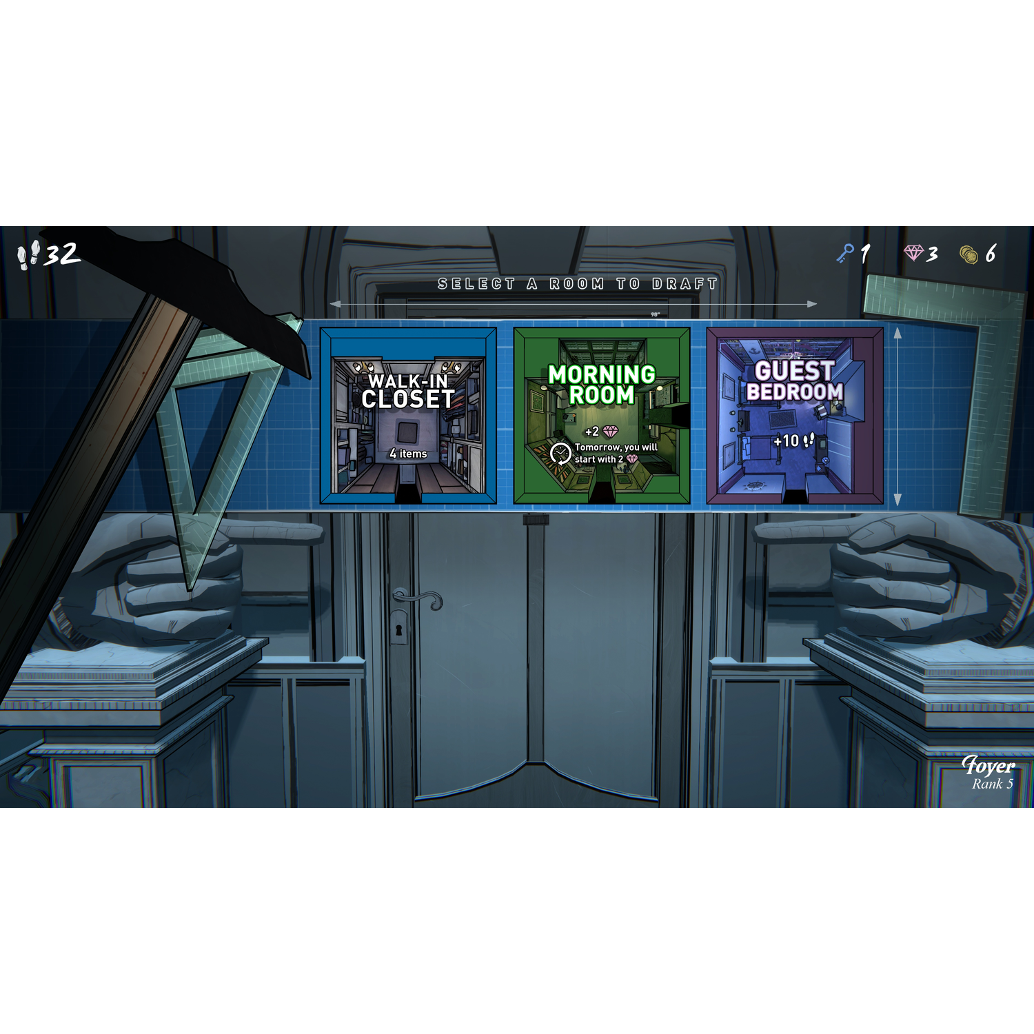 A video game interface showing three selectable rooms: Walk-In Closet, Morning Room, and Guest Bedroom.