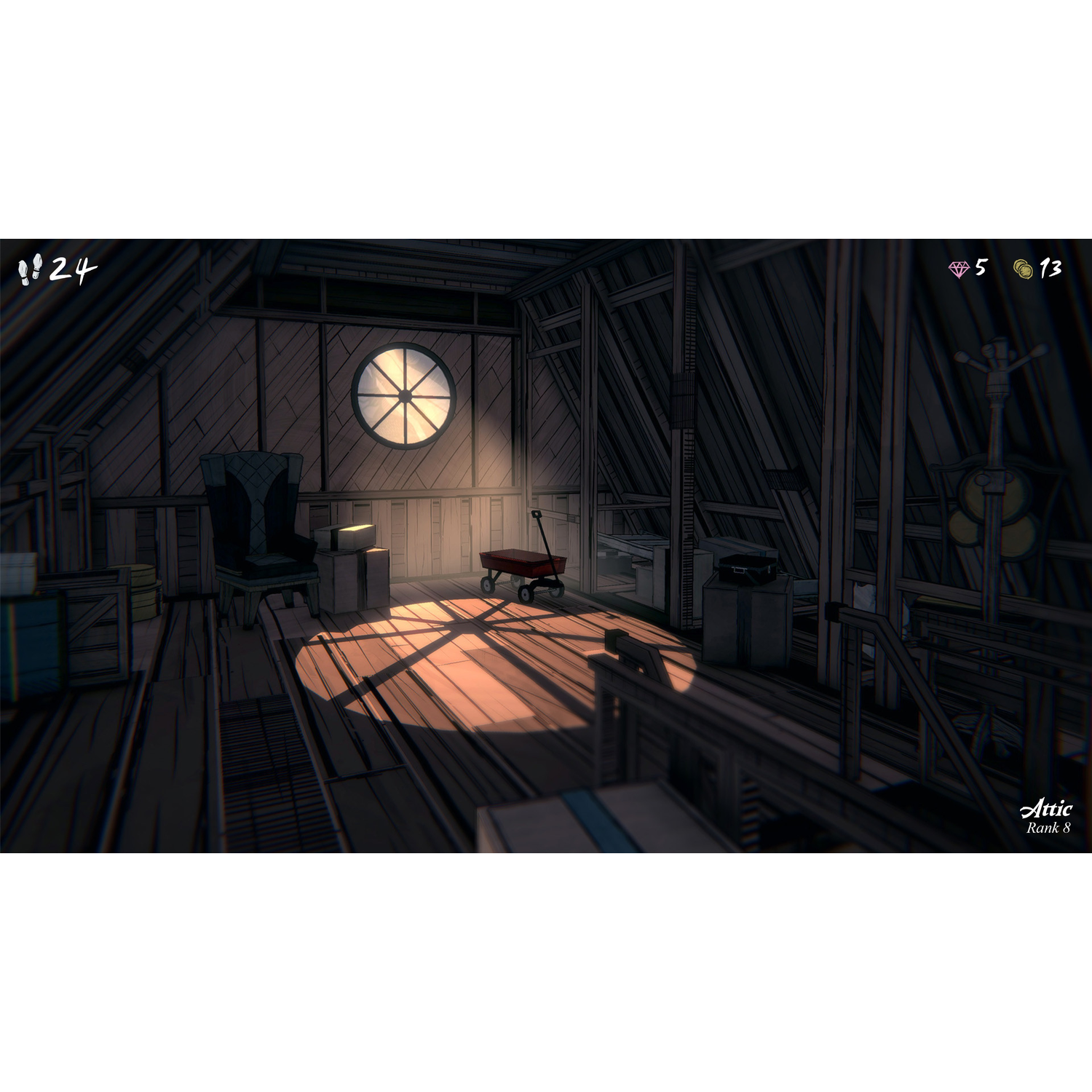 A dark attic with wooden beams, a round window, an armchair, and a red wagon illuminated by a beam of light.