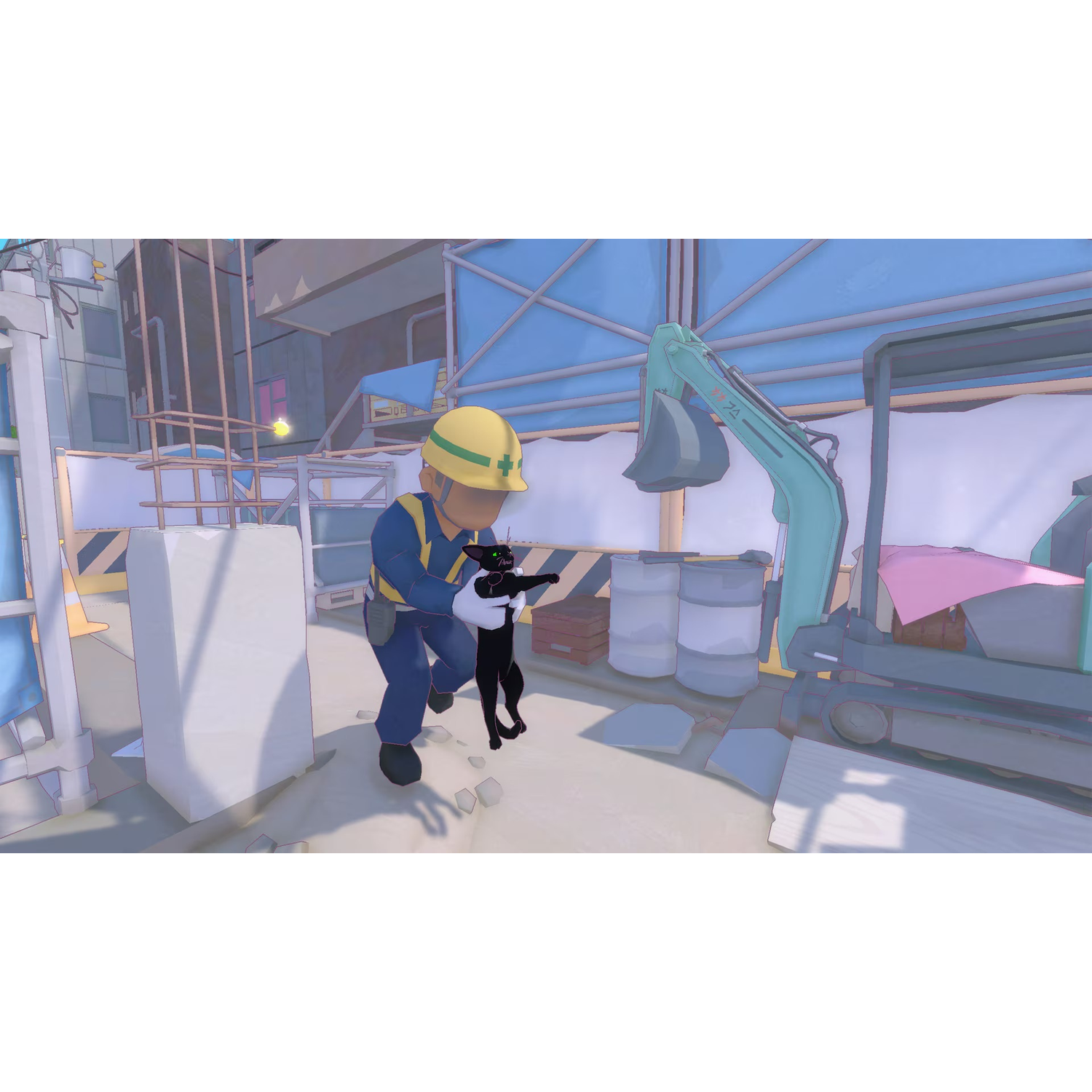 Un ouvrier en uniforme bleu et casque jaune tient un chat noir sur un chantier avec une excavatrice.