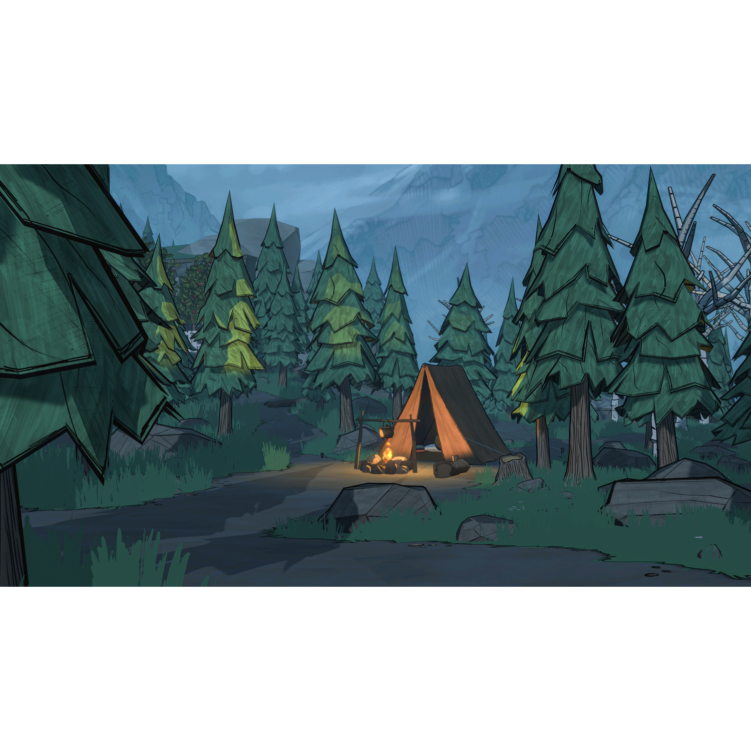 An illuminated tent and campfire in a forest with green pine trees and mountains in the background.