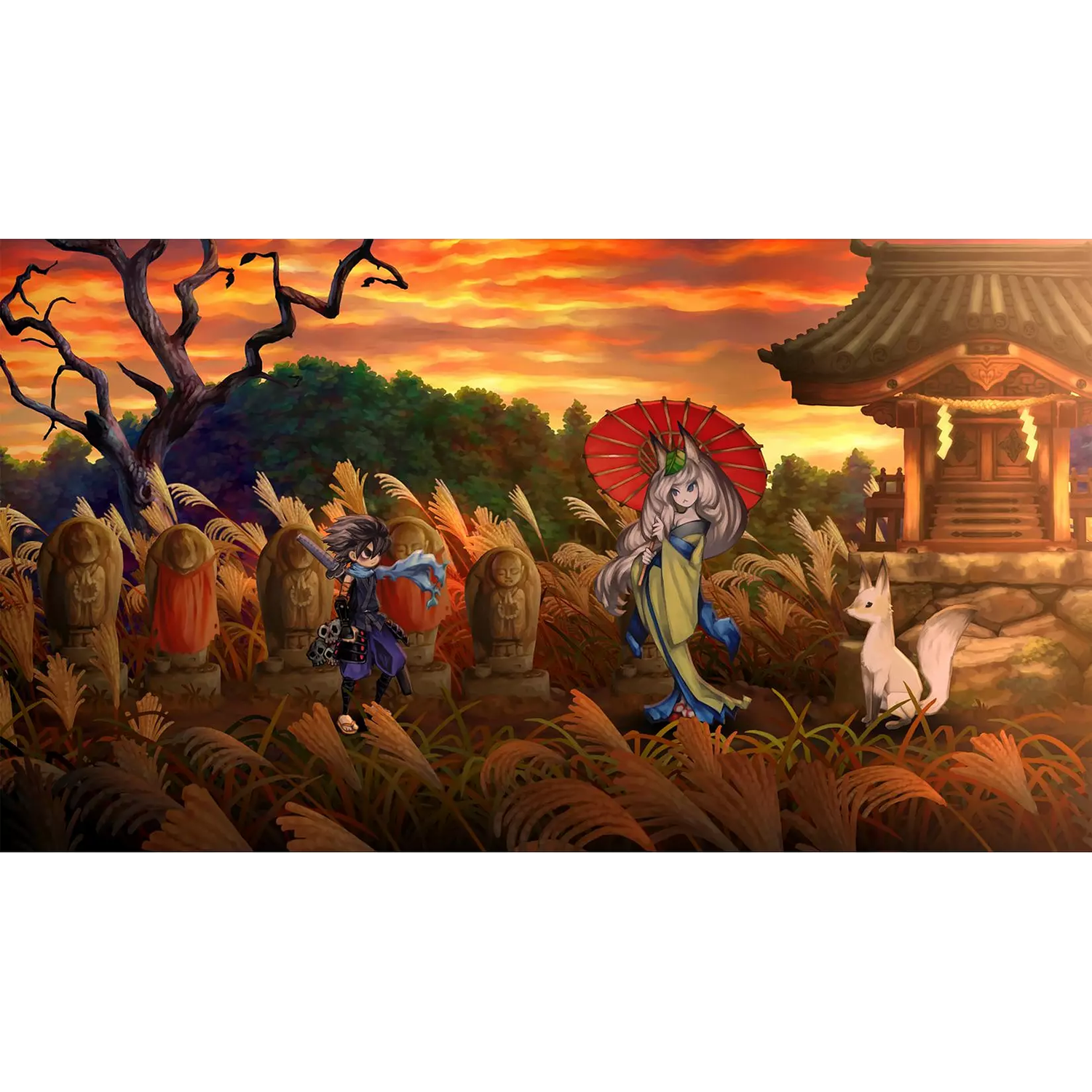 Personnages d'anime, renard et temple au coucher du soleil près des tombes.
