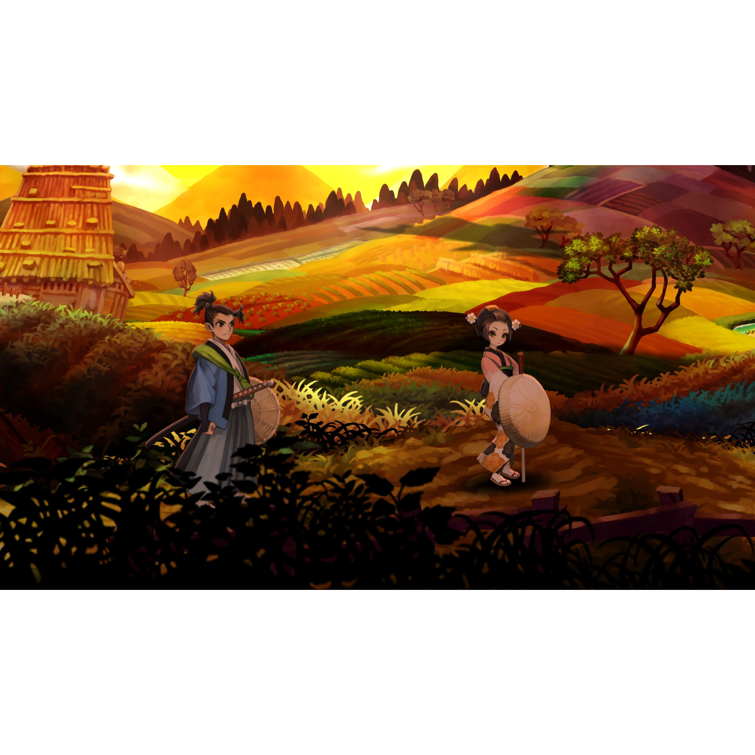 Un samouraï d'anime et une geisha se tiennent dans un paysage rural avec des champs en terrasses au coucher du soleil.