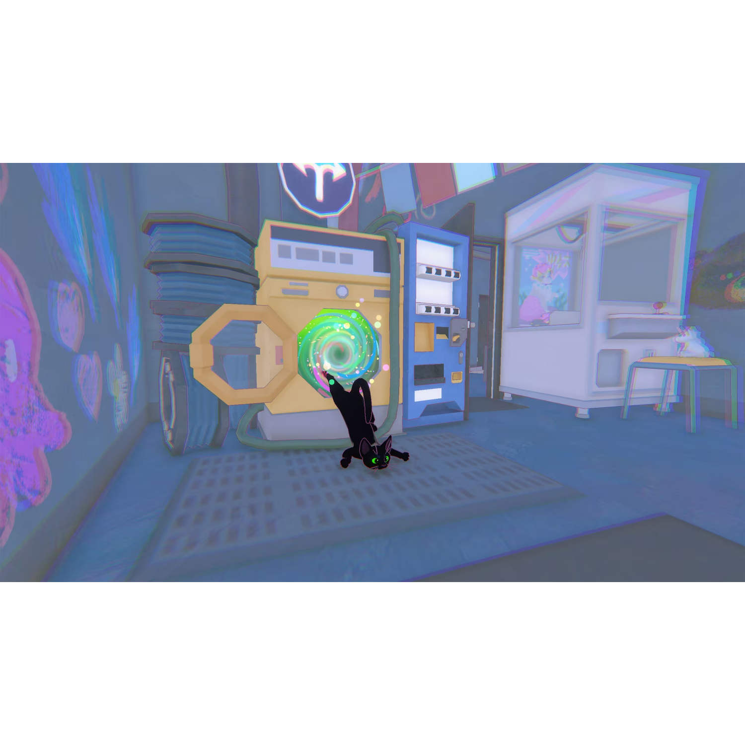 Un chat noir tend la main vers un portail coloré à l'intérieur d'une machine à laver dans une laverie.