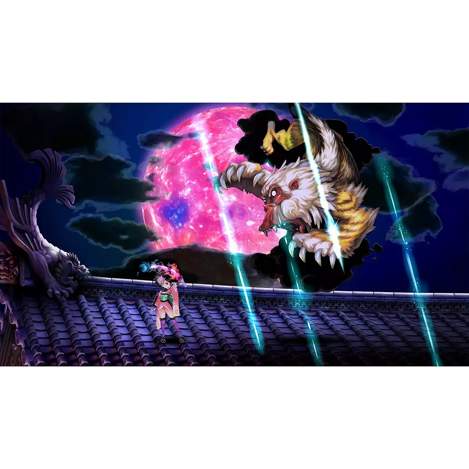 Une guerrière en rose sur un toit combat un grand monstre poilu devant une lune rouge géante.