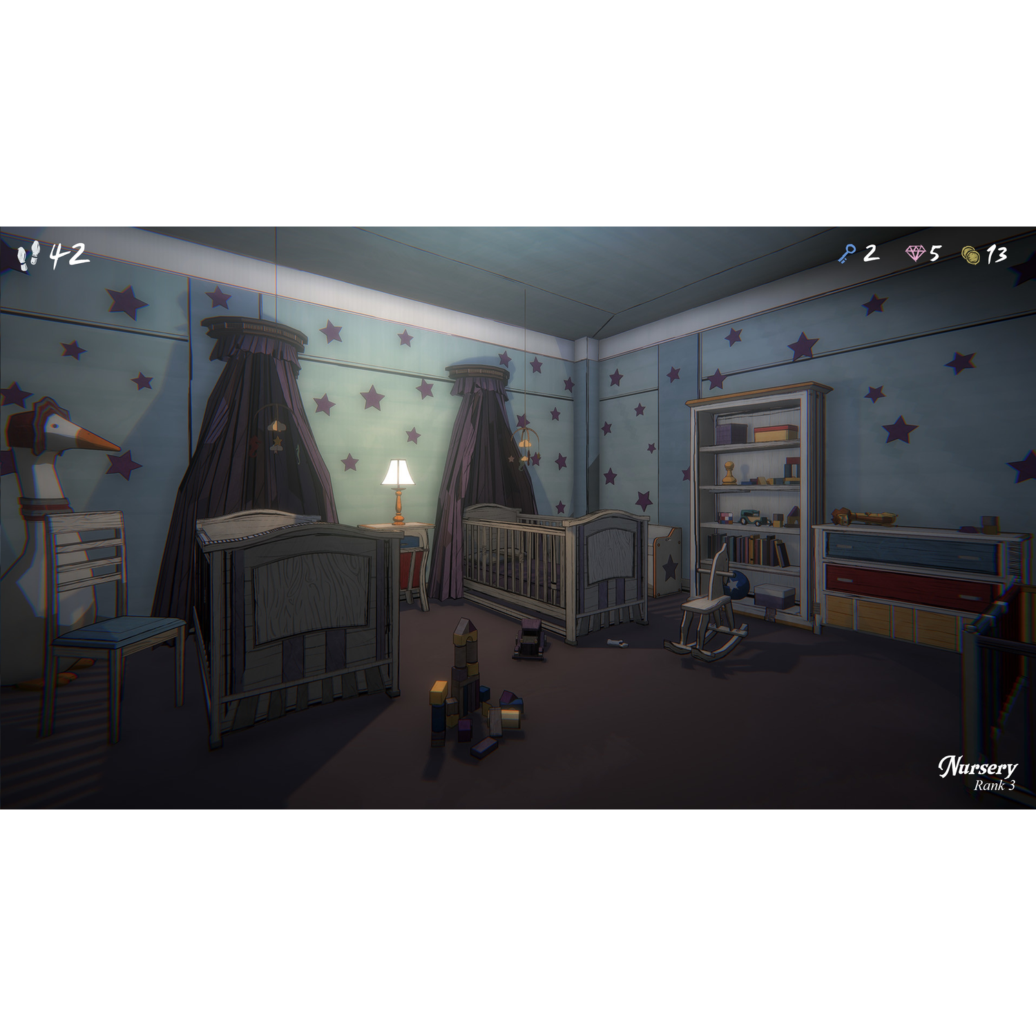 A nursery with blue walls, stars, two cribs, a lamp, bookshelves, and scattered toys on the floor.