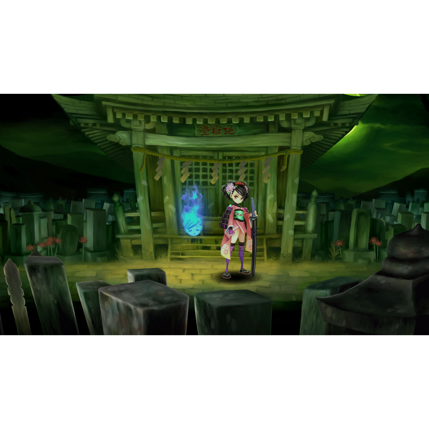 Une jeune fille anime en kimono rose avec un katana devant un sanctuaire sombre.