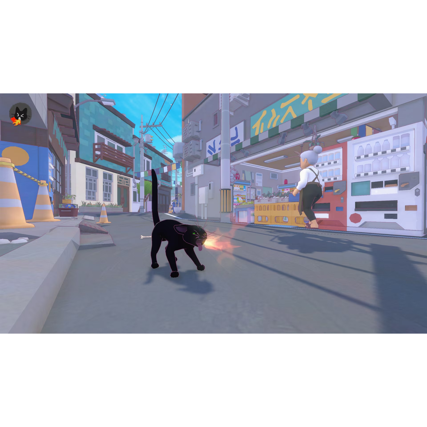 Un chat noir crache du feu dans une rue ensoleillée tandis qu'une personne passe devant un distributeur.