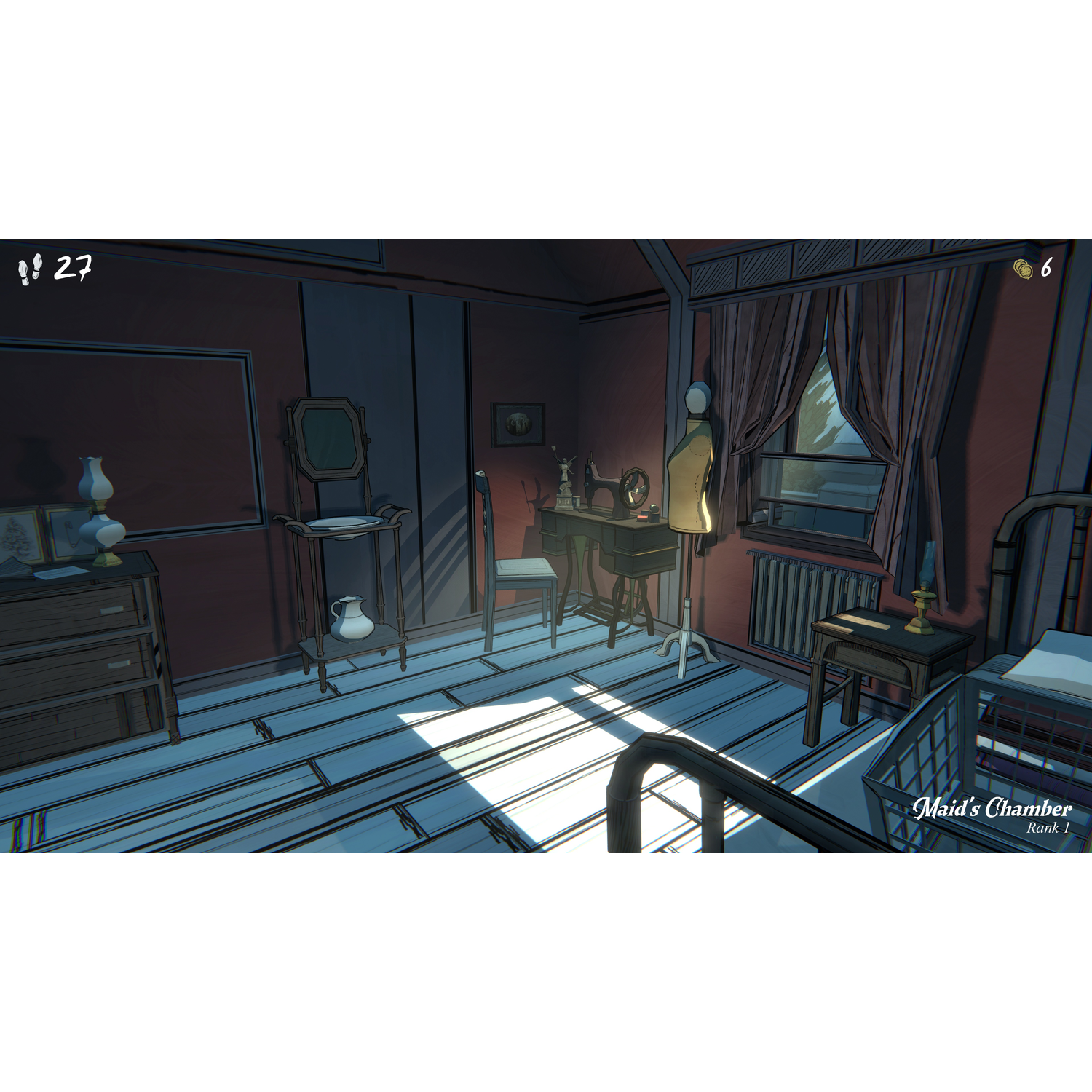 A stylized Maid's Chamber with a bed, nightstand, sewing machine, and dress form under soft interior lighting.