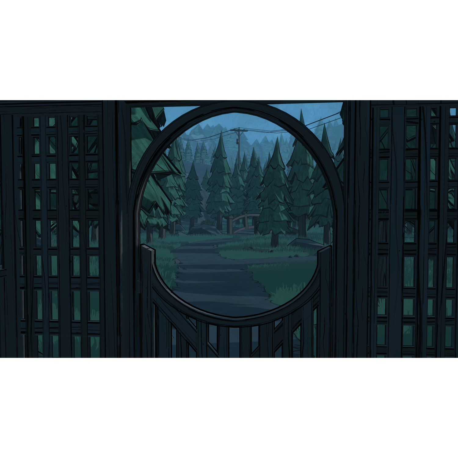A view through a dark, round-arched wooden gate onto a foggy forest path with pine trees.
