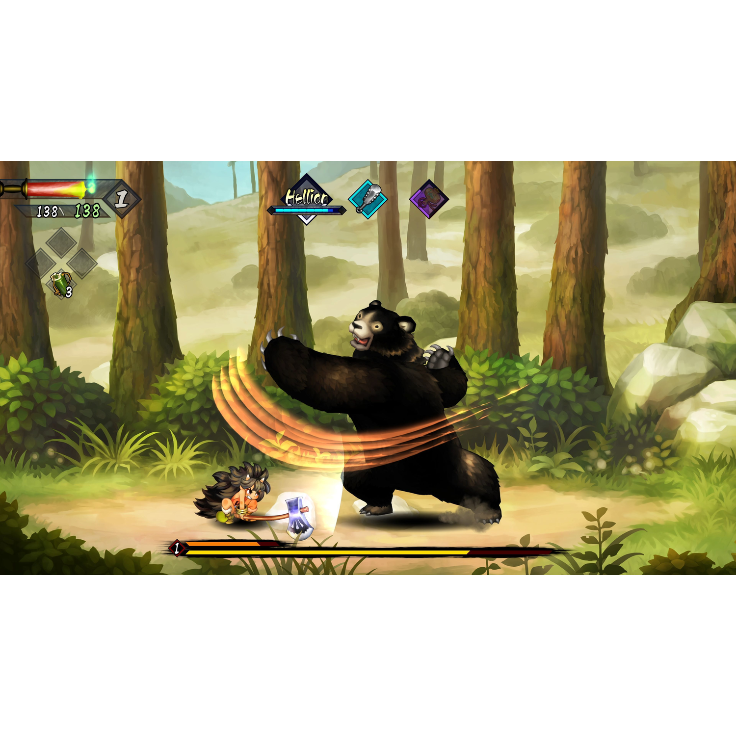Un petit personnage avec une hache esquive un grand ours noir dans une forêt avec interface.