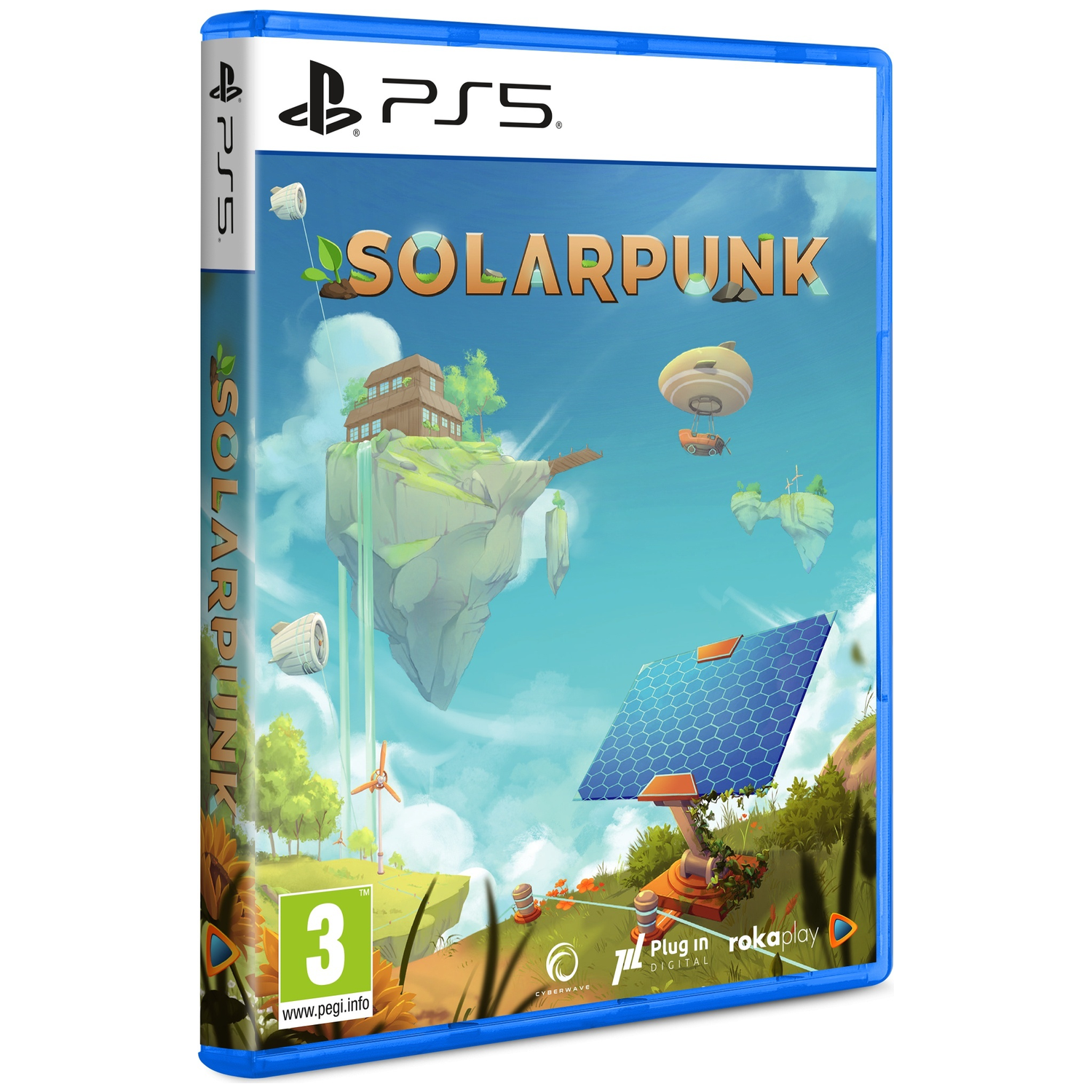 Boîtier de jeu PS5 pour Solarpunk avec des îles flottantes, un grand panneau solaire et un dirigeable.